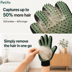 Close-up and peel demonstration showing how easily collected pet fur is peeled off the Petifo grooming glove in one piece.