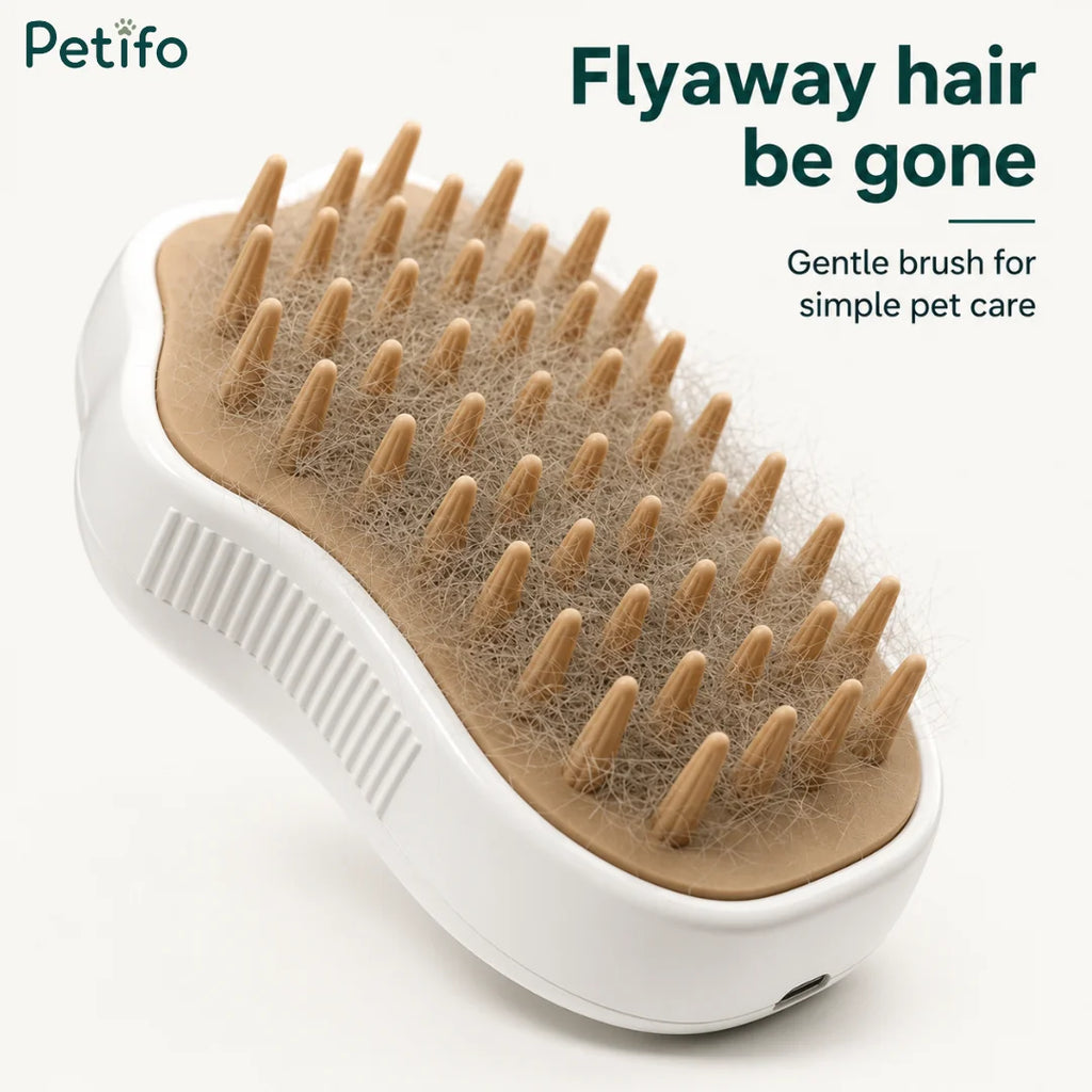 A close-up view of the pet grooming brush covered in collected loose hair and flyaway fur.