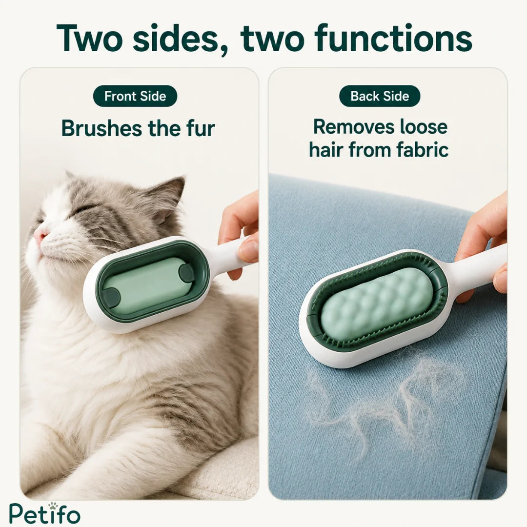 Petifo 2-in-1 pet grooming brush showing dual-sided function for brushing cat fur and removing loose hair from fabric