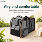 Petifo expandable pet carrier on a wooden deck featuring airy mesh panels for ventilation and a cozy feel.