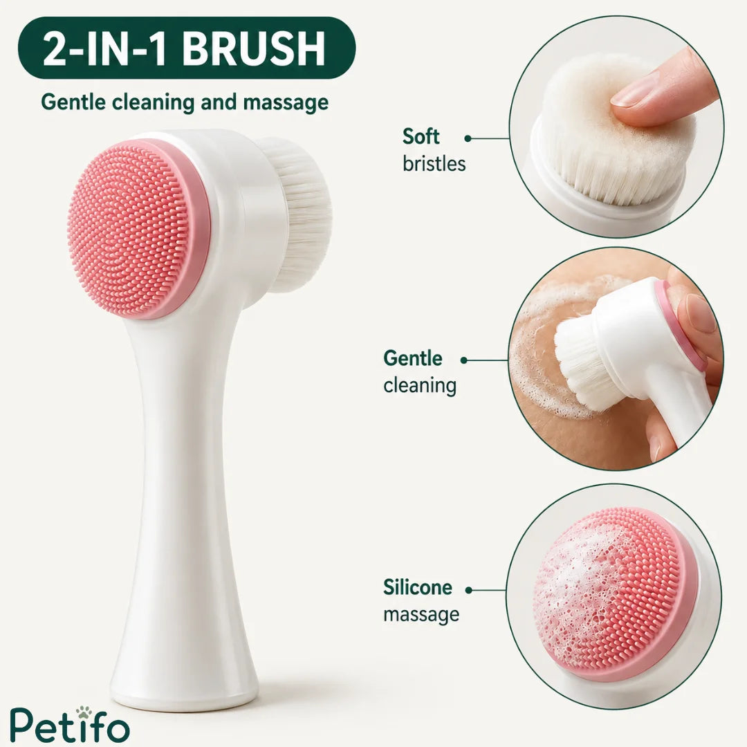 Product details close-up highlighting the silicone massage brush, soft cleaning bristles, and ergonomic handle of the Petifo tool.