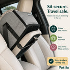 Petifo grey pet car booster seat securely fastened to vehicle center armrest console