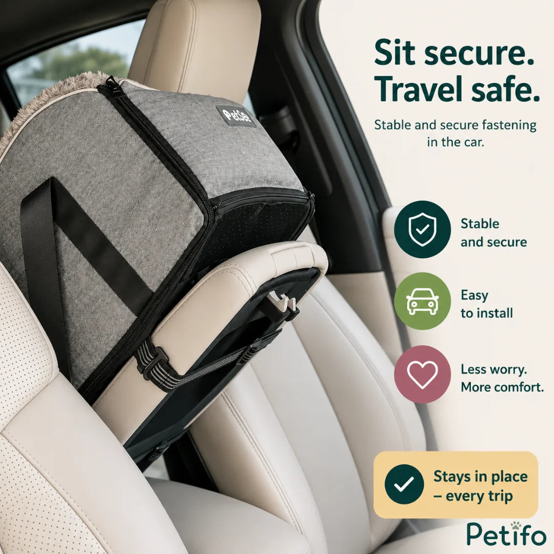 Petifo grey pet car booster seat securely fastened to vehicle center armrest console