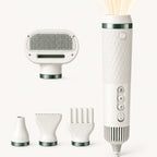 Petifo portable pet blow dryer main unit displayed alongside its four interchangeable styling and grooming attachments.