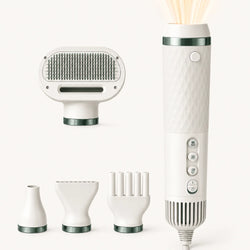 Petifo portable pet blow dryer main unit displayed alongside its four interchangeable styling and grooming attachments.