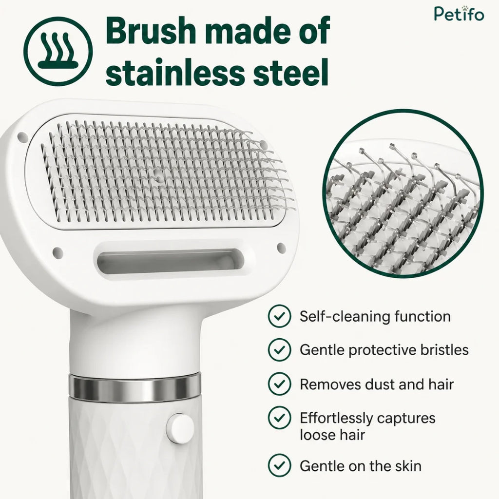 Petifo self-cleaning stainless steel pet grooming brush with gentle protective bristles.