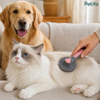 Person using the Petifo pink self-cleaning pet brush to groom a fluffy white and grey cat resting on a couch, with a golden retriever watching in the background.