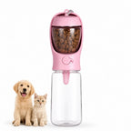 Petifo portable 2-in-1 pet water and food bottle shown in pink alongside a puppy and kitten.
