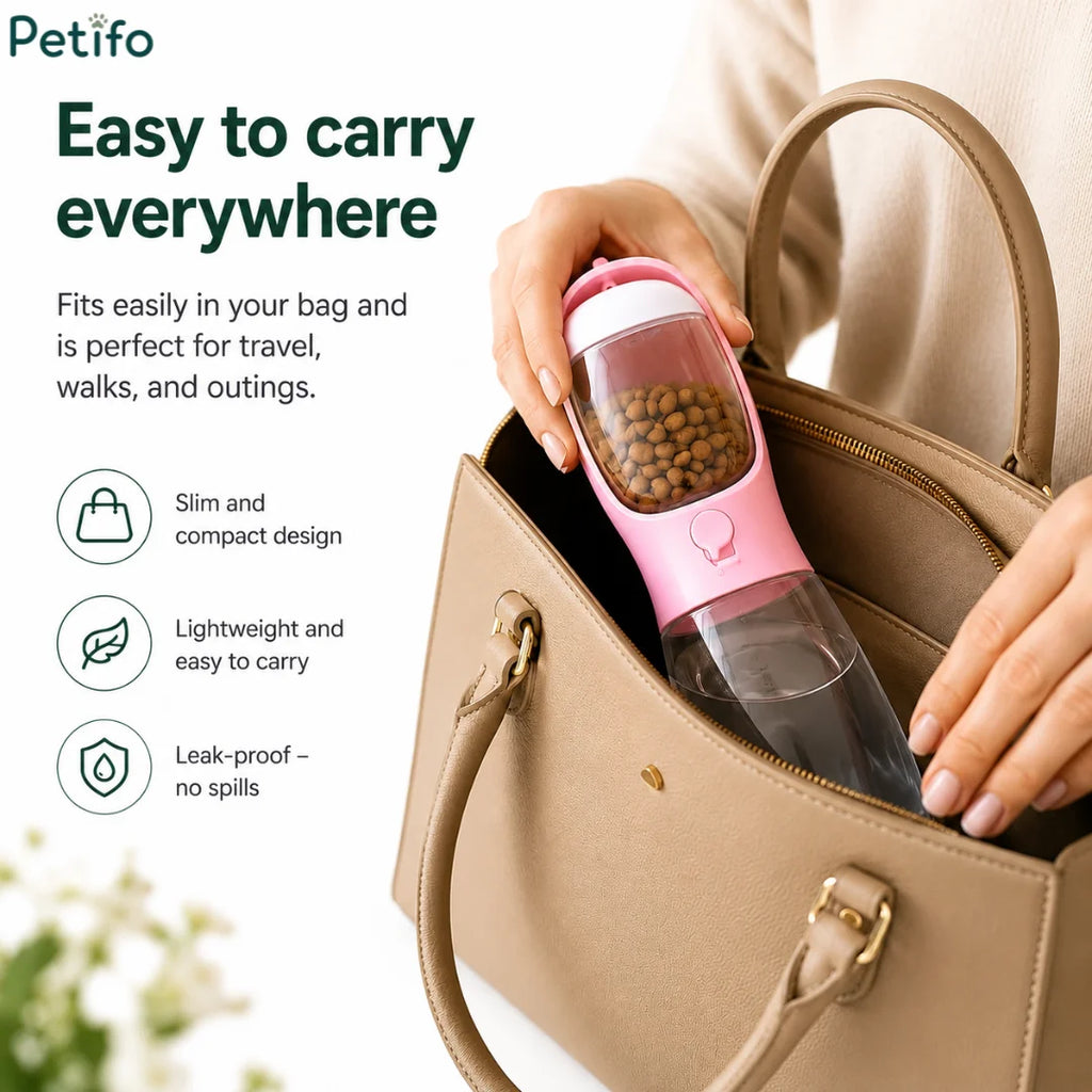 Demonstration of how easily the slim pink Petifo bottle slips into a handbag for travel and daily walks.