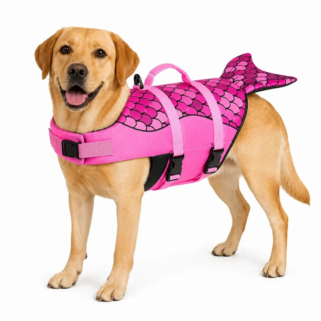 Labrador Retriever modeling the pink mermaid scale design of the Petifo dog life jacket against a white background.