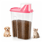 Clear plastic pet food storage container with a pink lid, flanked by a puppy and a kitten.