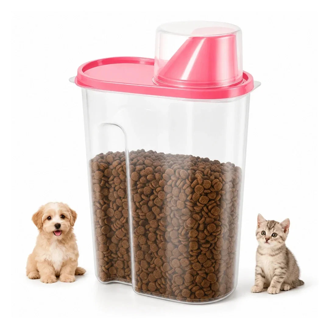 Clear plastic pet food storage container with a pink lid, flanked by a puppy and a kitten.