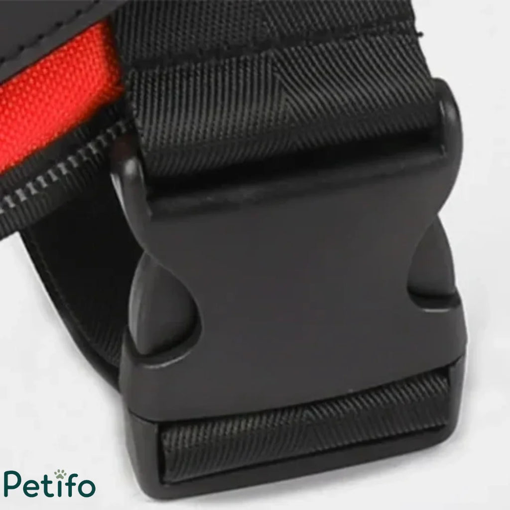 Macro view of a durable black plastic quick-release buckle on a pet harness.
