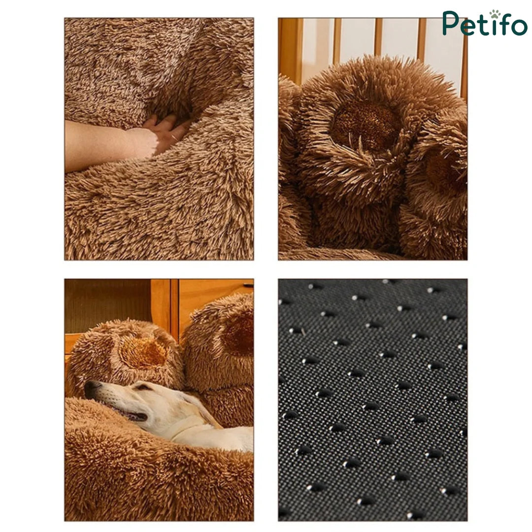 Four-panel close-up view showing the plush fabric, paw detail, dog relaxing, and anti-slip bottom.