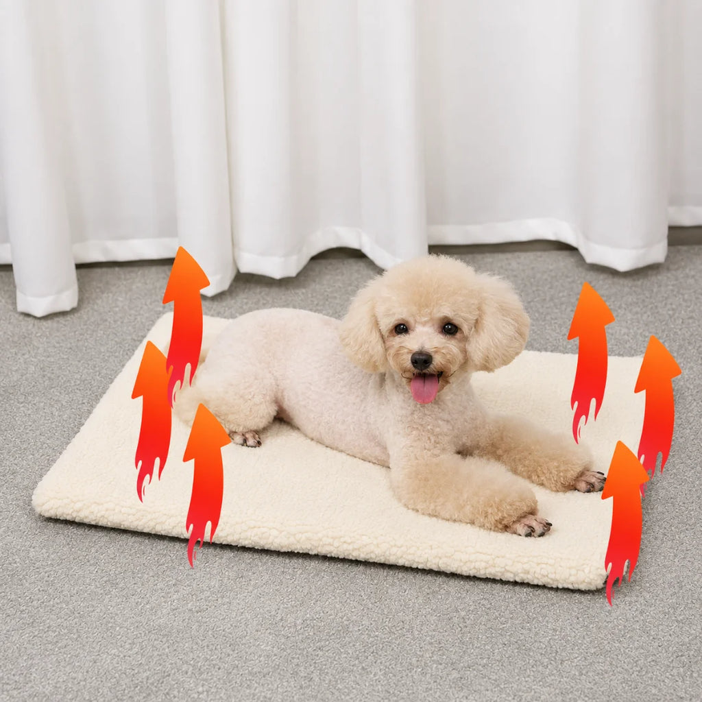 A curly-haired white poodle lying comfortably on the self-warming mat with red flame arrows indicating warmth.