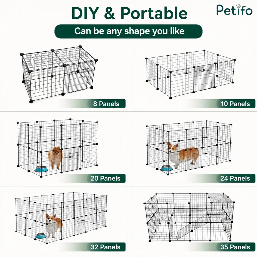DIY and portable Petifo wire dog playpen options showcasing various panel configurations and shapes.