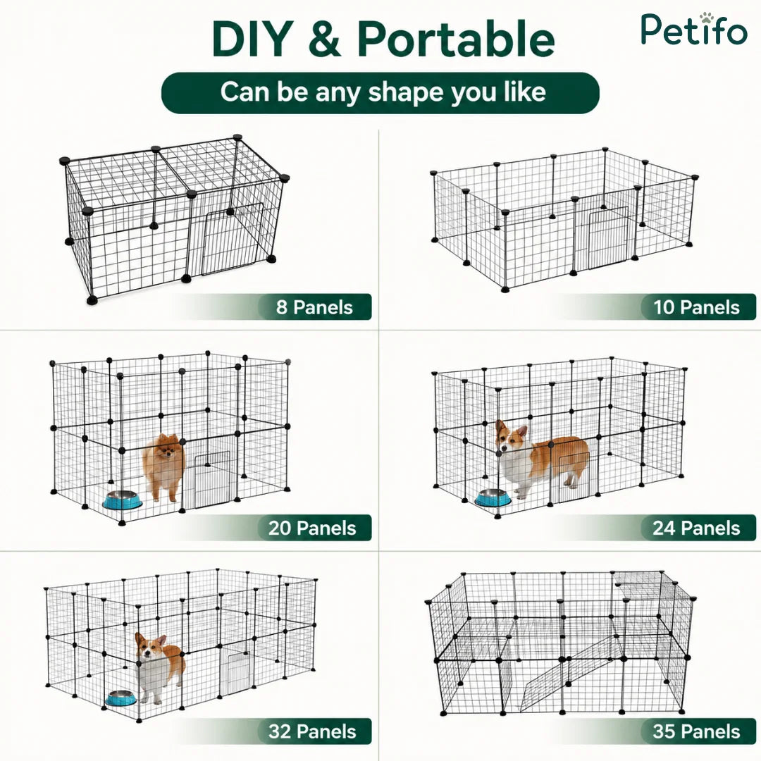DIY and portable Petifo wire dog playpen options showcasing various panel configurations and shapes.