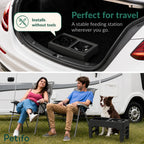 Portable elevated pet feeding station packed in a car trunk and set up at a campsite next to an RV.