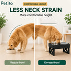 Posture comparison showing neck strain with floor bowl versus comfortable position with Petifo elevated bowl