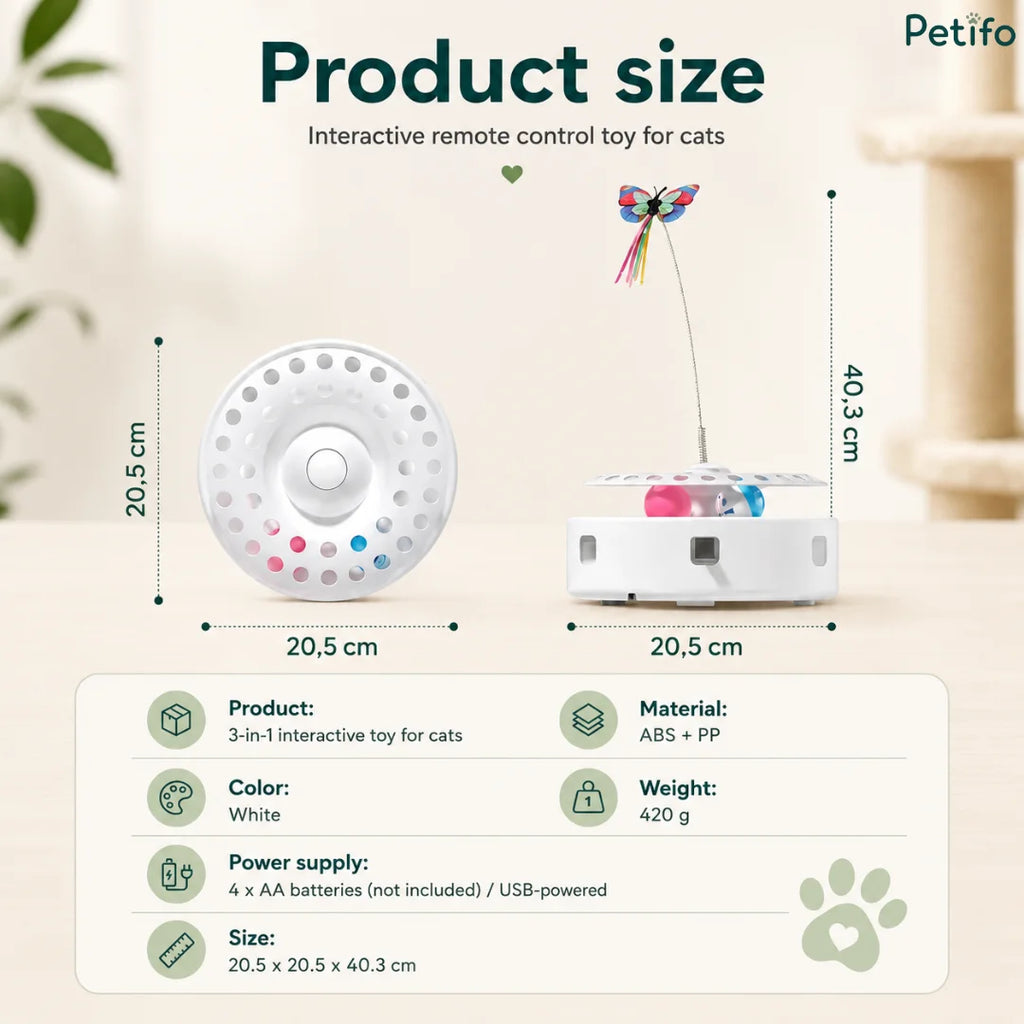 Product dimension infographic detailing the size, weight, materials, and power specifications of the 3-in-1 interactive cat toy.