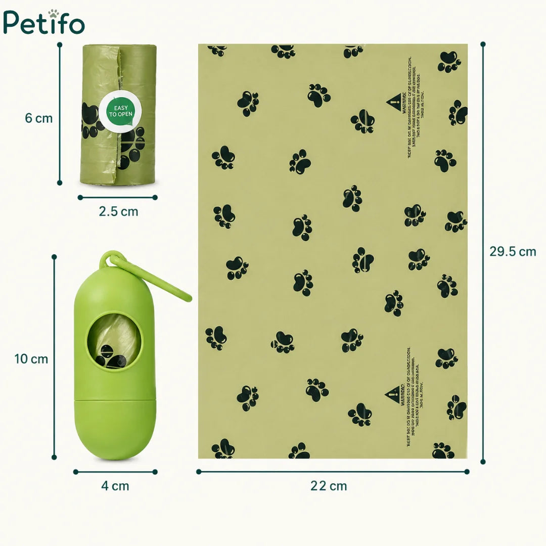 Dimension diagram showing the precise measurements of the dog waste bag roll, dispenser, and sheet.