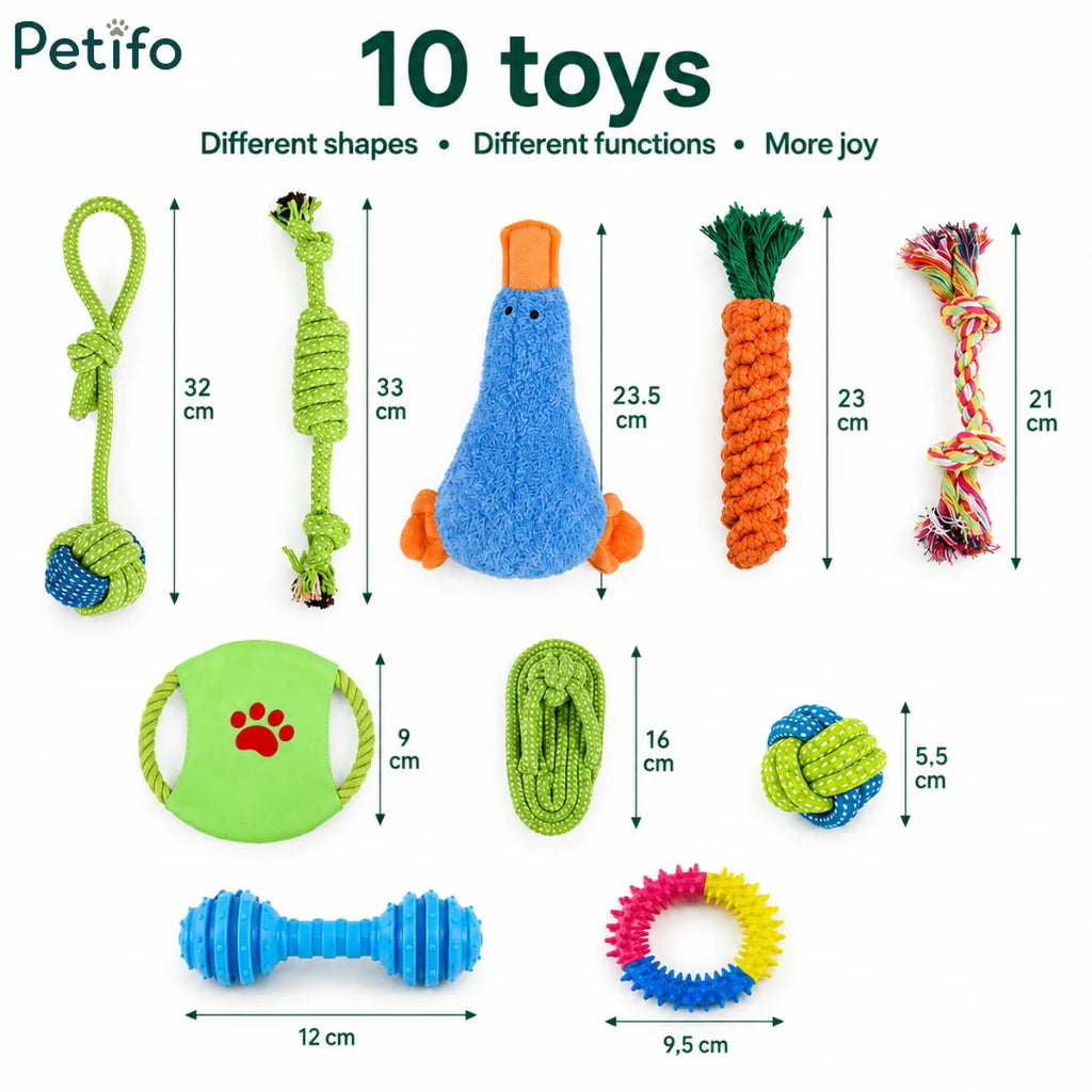 Sizing guide infographic displaying precise measurements for all ten items included in the puppy chew rope toy bundle.