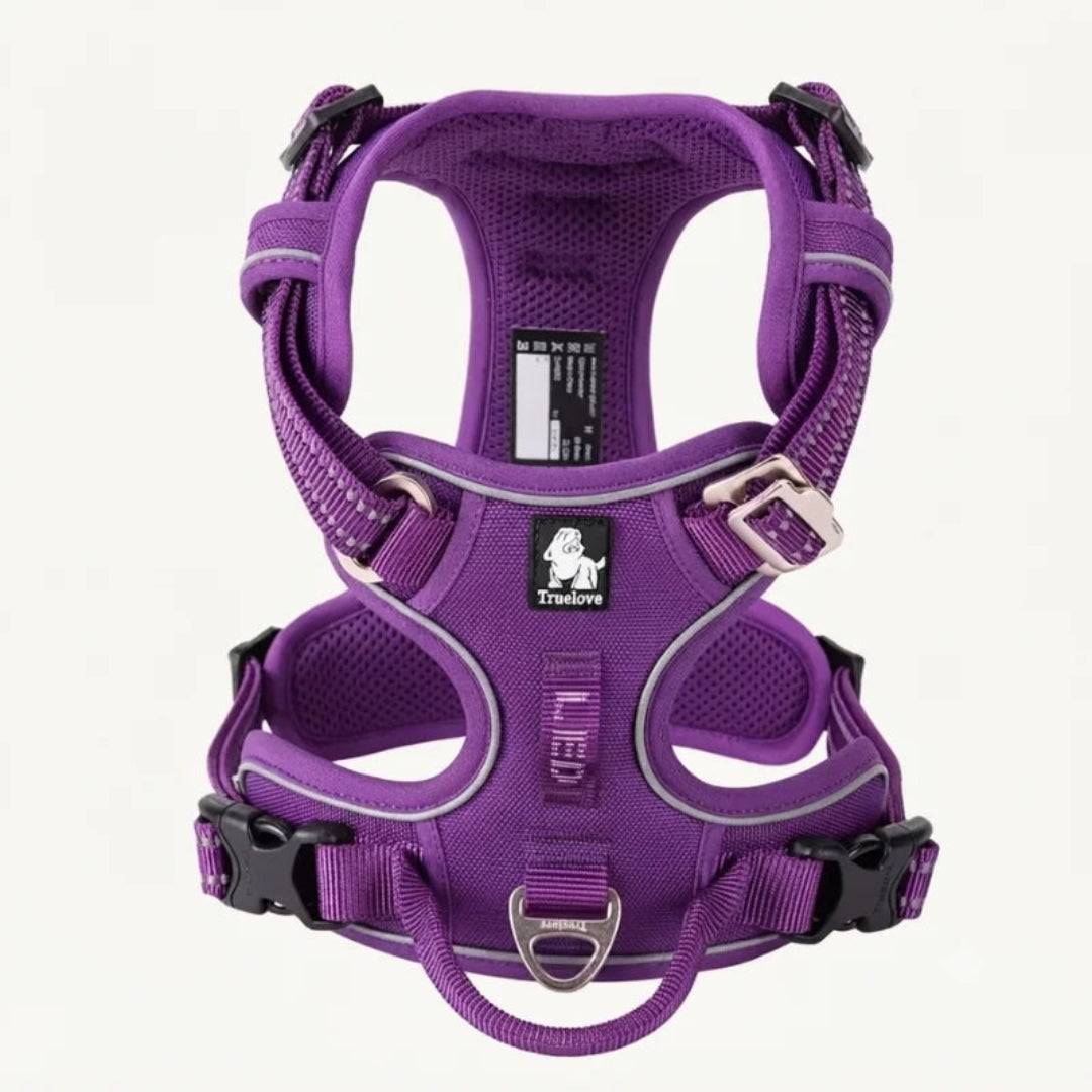 Premium purple Truelove dog harness with adjustable straps and aluminum D-ring.