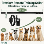 Premium remote training collar featuring an adjustable length up to 69 cm and a weight compatibility range from 3 kg to 60 kg for various dog breeds