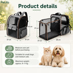 Product dimension infographic detailing the Petifo pet carrier measurements (37x31x43 cm closed, 37x29x37 cm expanded)