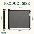 Product dimensions diagram for the black retractable safety gate measuring 180cm wide and 87cm high.