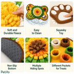 Product feature grid highlighting soft fleece, easy cleaning, a squeaky toy paw, a non-slip bottom, multiple hiding spots, and treat pockets.