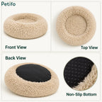 Product overview showing front, top, and back views of a beige pet bed alongside a close-up of its non-slip bottom.