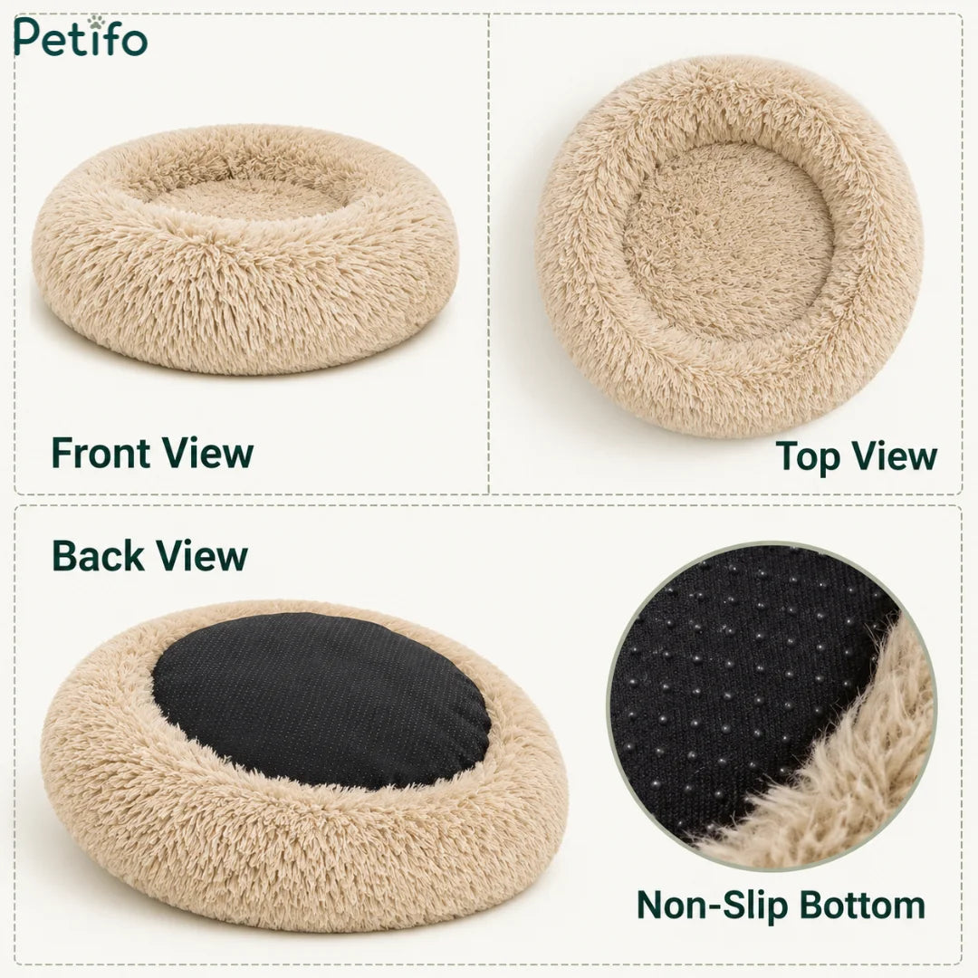 Product overview showing front, top, and back views of a beige pet bed alongside a close-up of its non-slip bottom.