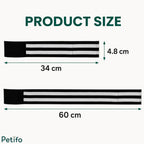 Product size chart showing length and width dimensions for the reflective horse leg wraps.