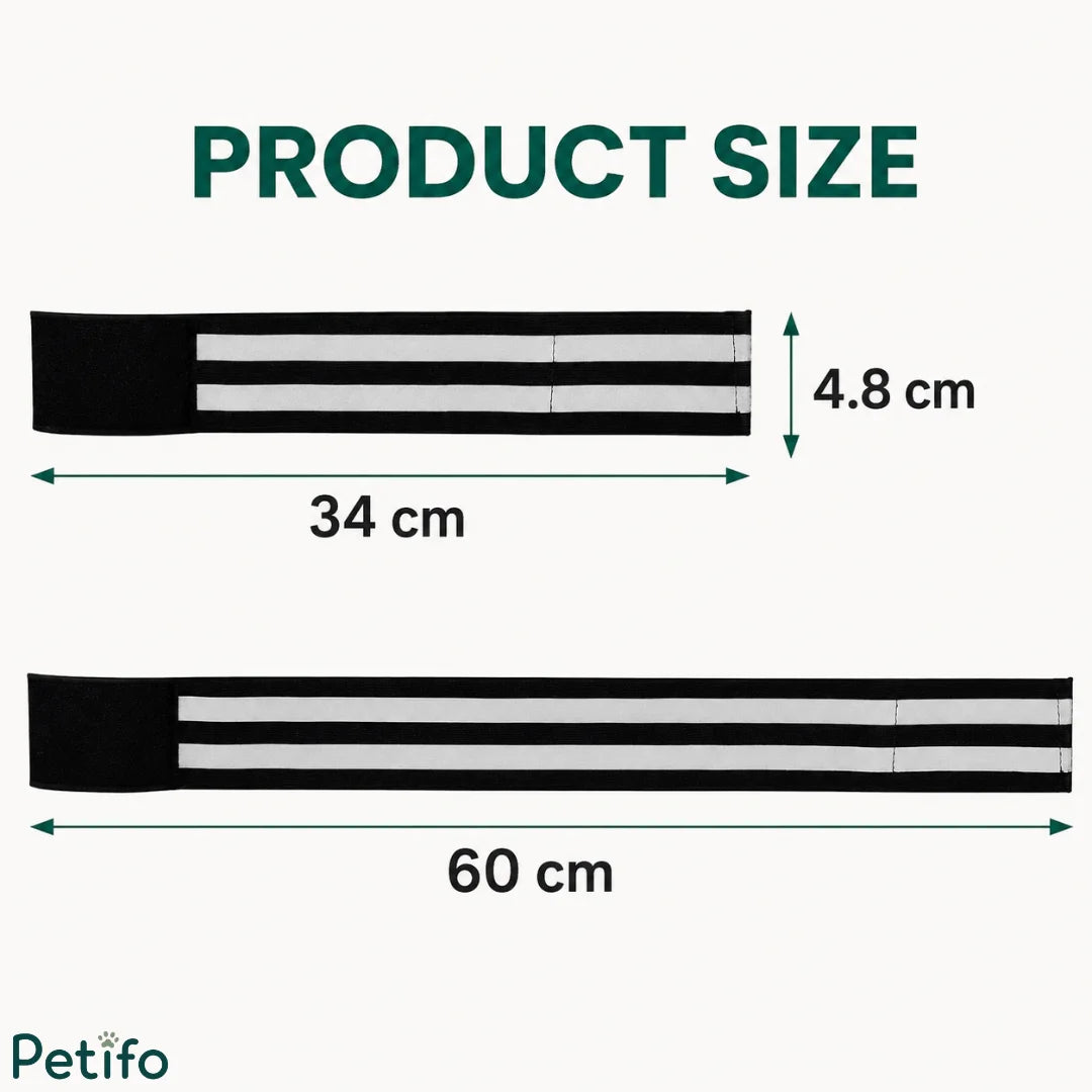 Product size chart showing length and width dimensions for the reflective horse leg wraps.