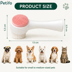Product size specifications of the Petifo pet brush showing dimensions of 13 cm length, 5.5 cm height, and 3.5 cm handle alongside small to medium pets.