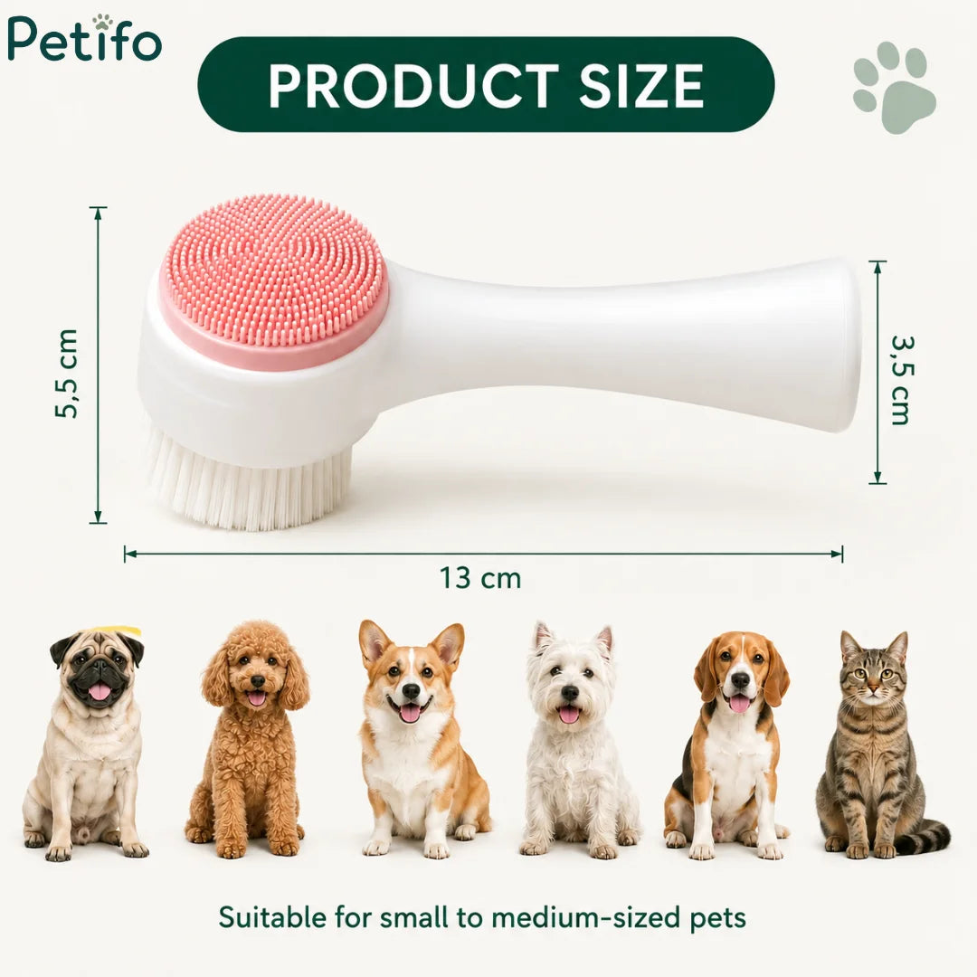 Product size specifications of the Petifo pet brush showing dimensions of 13 cm length, 5.5 cm height, and 3.5 cm handle alongside small to medium pets.