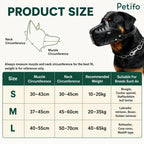 Product size guide chart displaying measurements for small, medium, and large dog muzzles.
