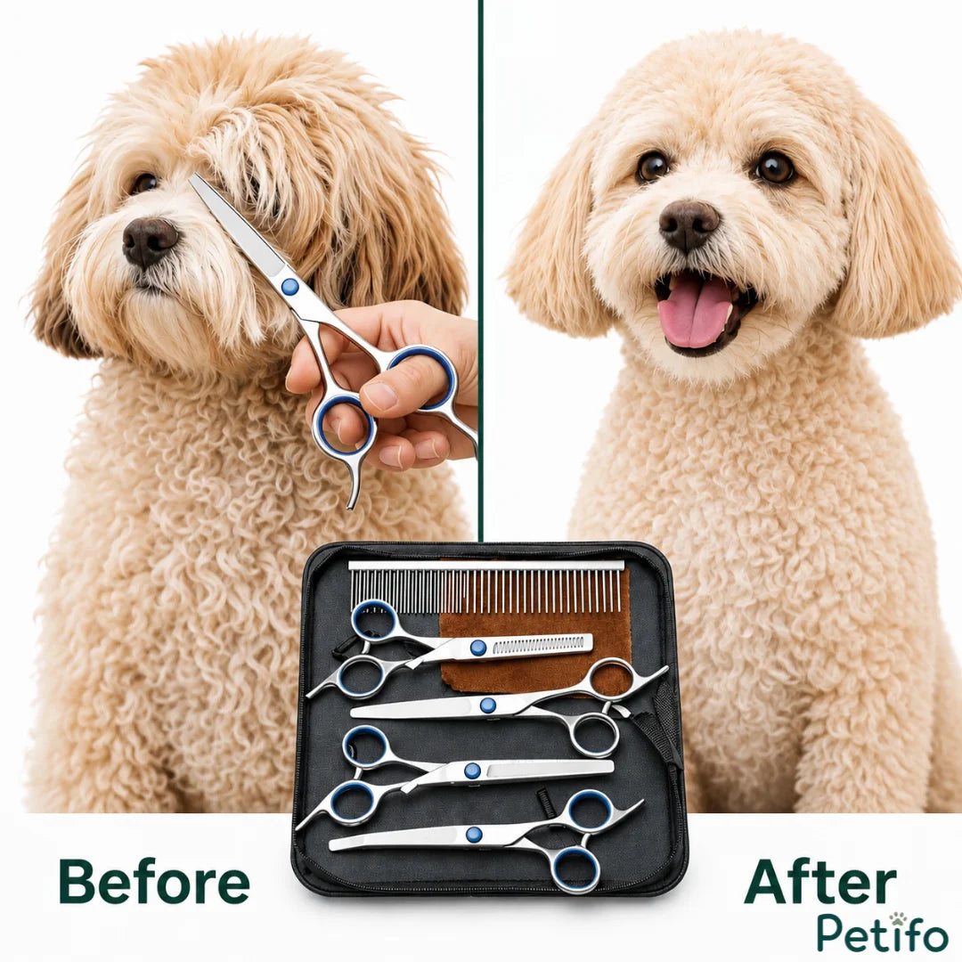 Before and after transformation of a cute poodle mix groomed with professional styling tools.