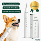 Promotional image showing a Corgi dog with the Petifo Detixy Ultrasonic Dental Scaler device and product box, featuring a veterinarian-recommended badge.
