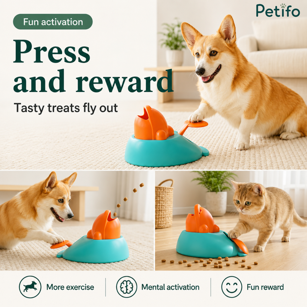 Promotional infographic for the Petifo press and reward treat dispenser demonstrating active pet play and mental stimulation.
