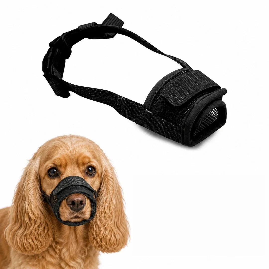 Black mesh dog muzzle paired with an image of a Cocker Spaniel wearing the properly fitted size.