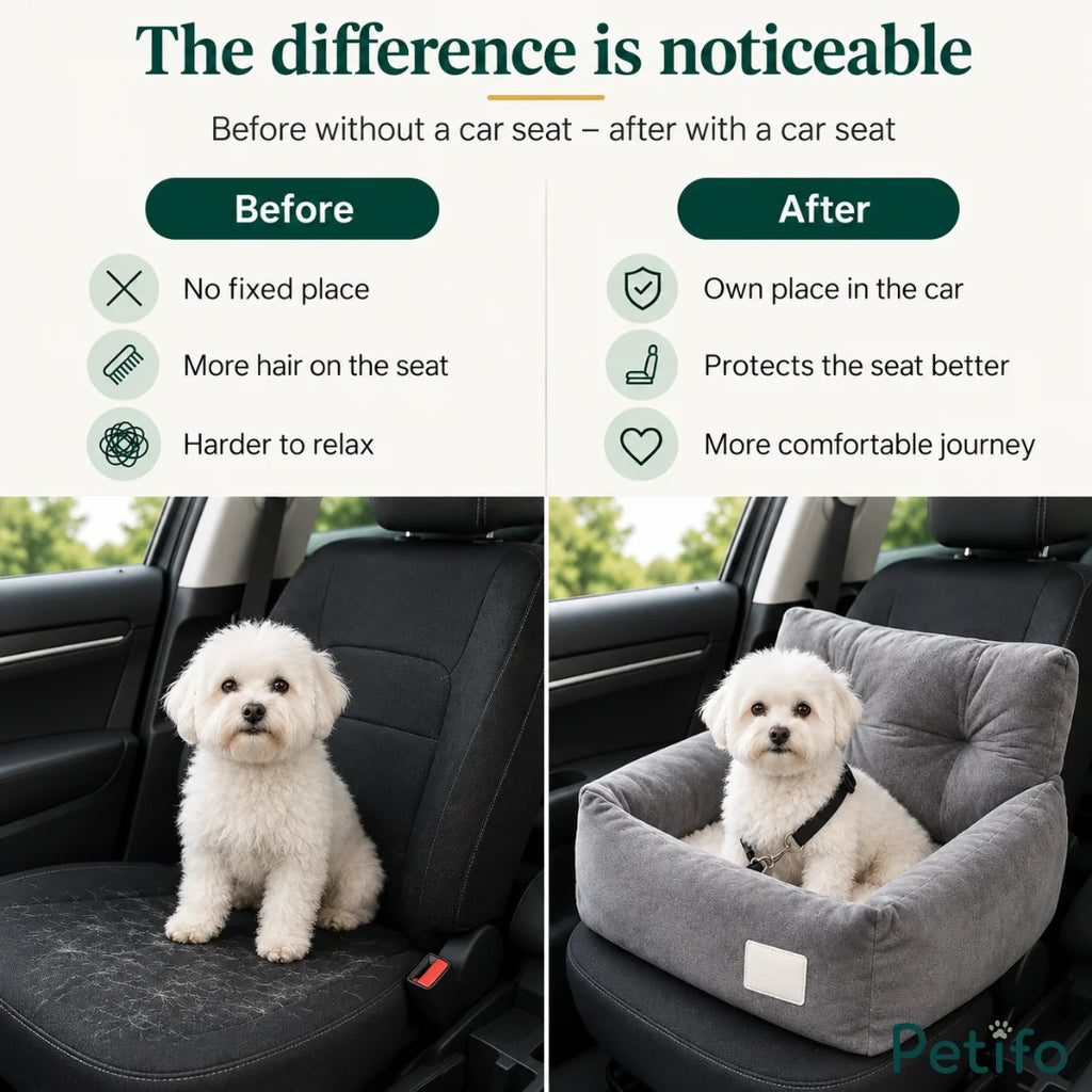 Before-and-after comparison showing a car seat protecting vehicle upholstery from pet hair while offering a comfortable travel space.