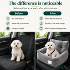 Before-and-after comparison showing a car seat protecting vehicle upholstery from pet hair while offering a comfortable travel space.