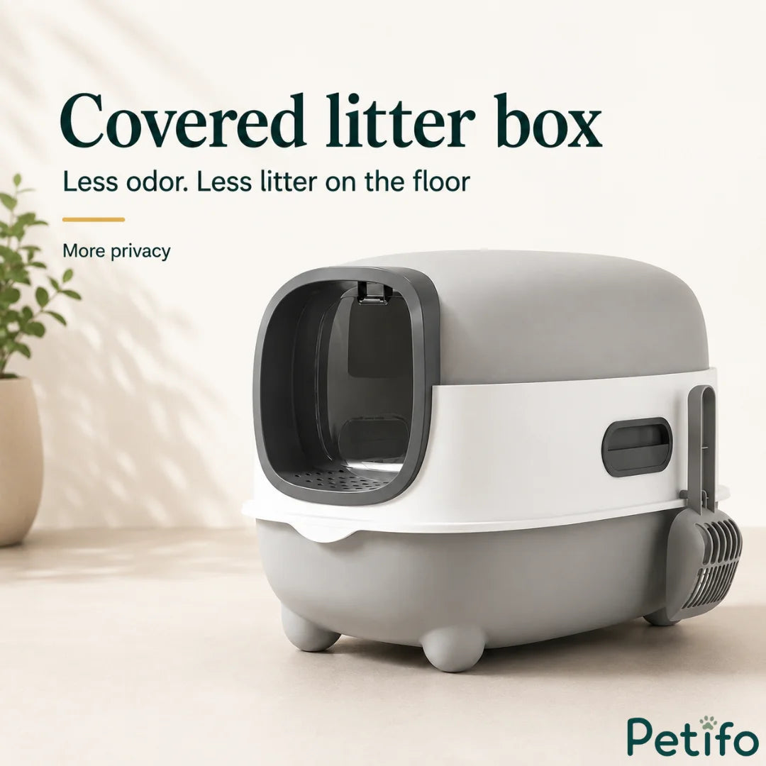 Modern grey and white enclosed cat litter box featuring a protective front door and odor-reducing covered design.