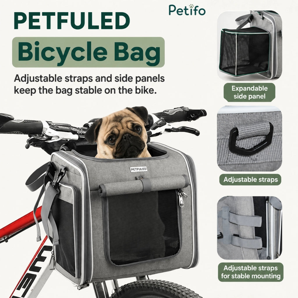 Petfuled grey bicycle pet bag mounted on handlebars with an adorable pug looking out.