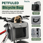 Petfuled grey bicycle pet bag mounted on handlebars with an adorable pug looking out.
