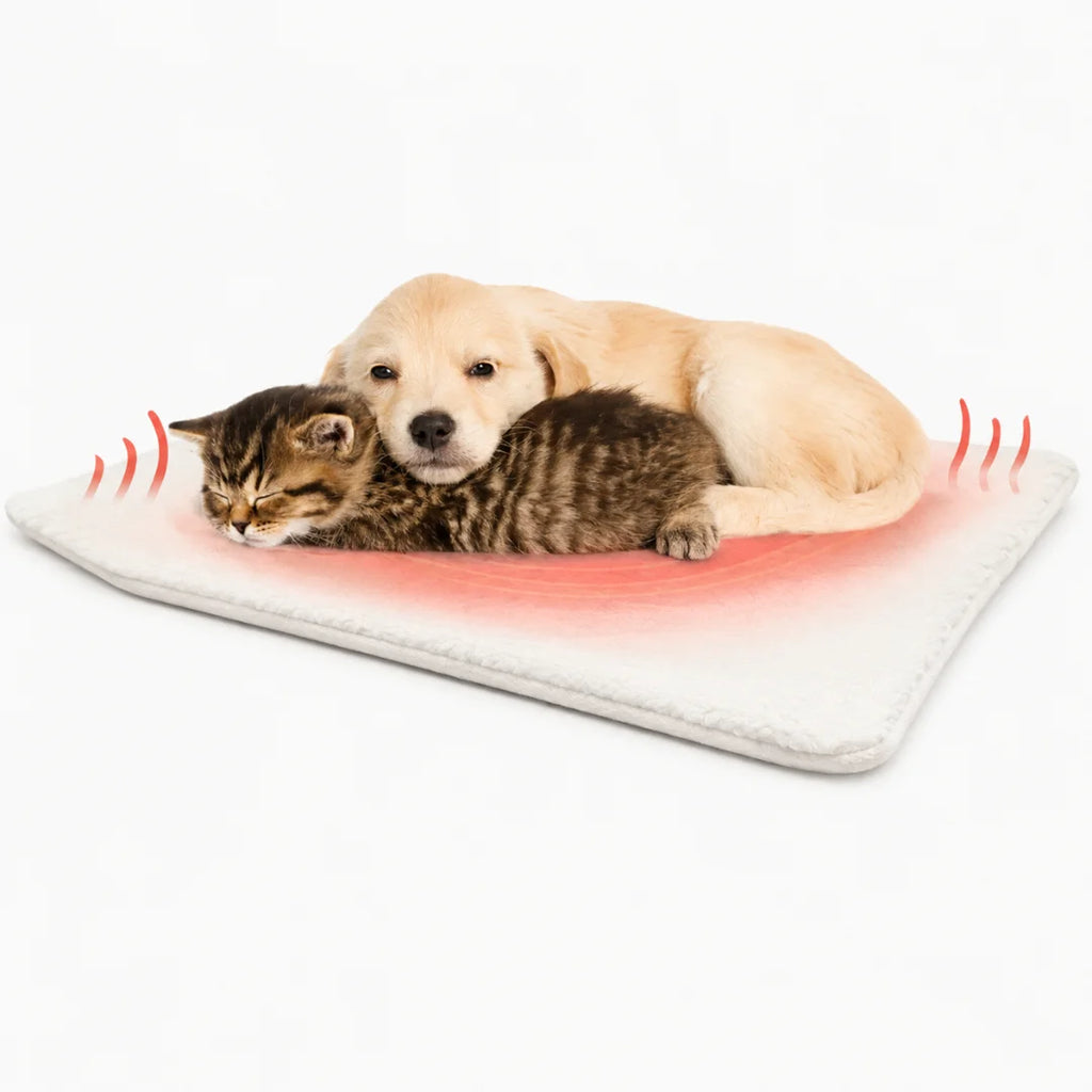 A puppy and a kitten sleeping together on a white self-warming pet mat with visual red heat waves on the sides.