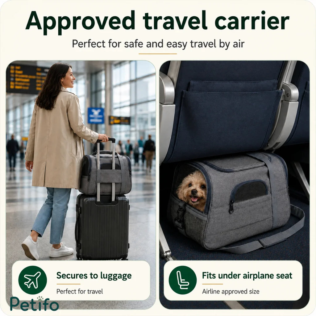 Traveler pulling luggage with a Petifo carrier and a puppy resting under an airline seat.