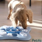 Puppy sniffing and nudging sliders on light blue Petifo treat puzzle toy